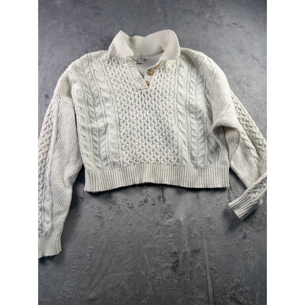American Eagle Cable Knit Henley Sweater Cream White Cropped Pullover Small